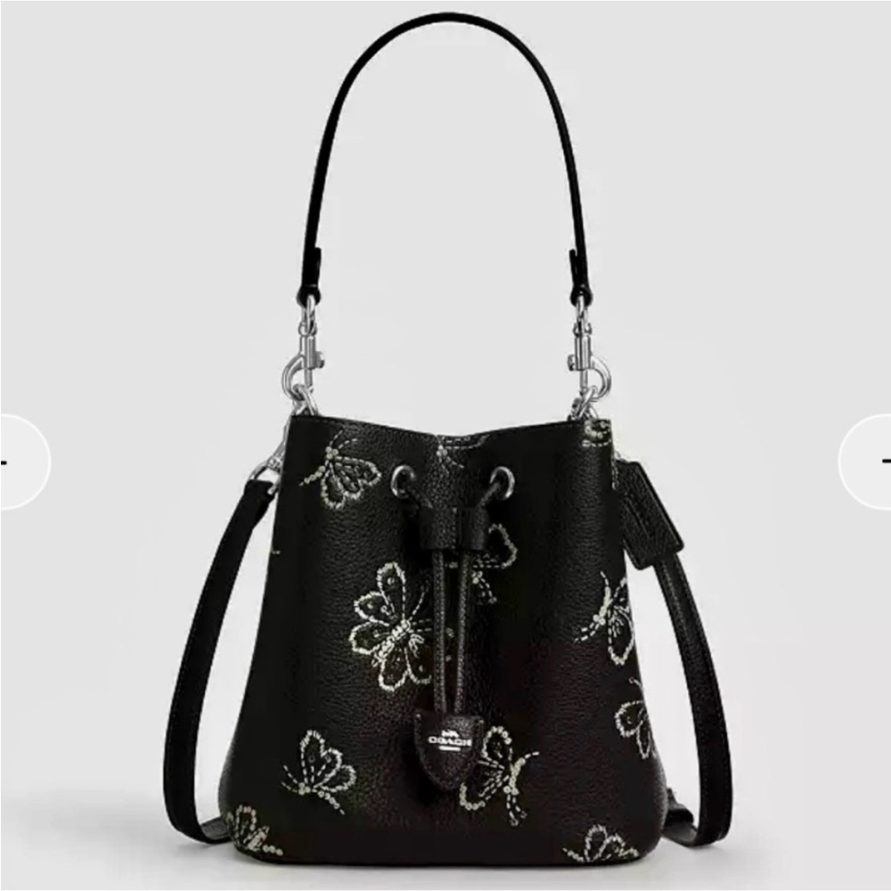NWT Coach Rowan Black Leather Bucket Bag With Butterfly Sequin Print